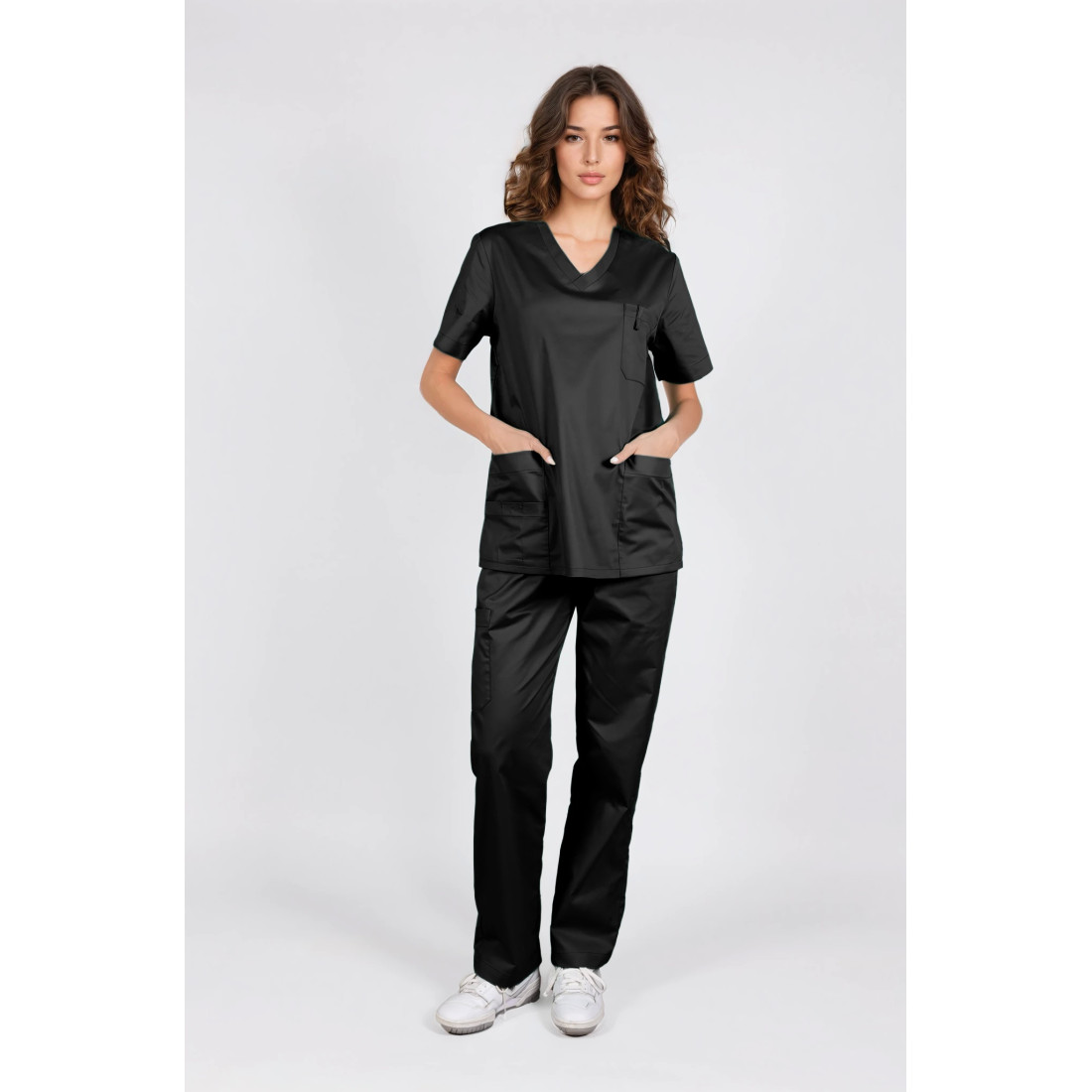 V-Neck Unisex Solid Scrub Top Ultra Flex Soft Touch Unity Women-Front Black