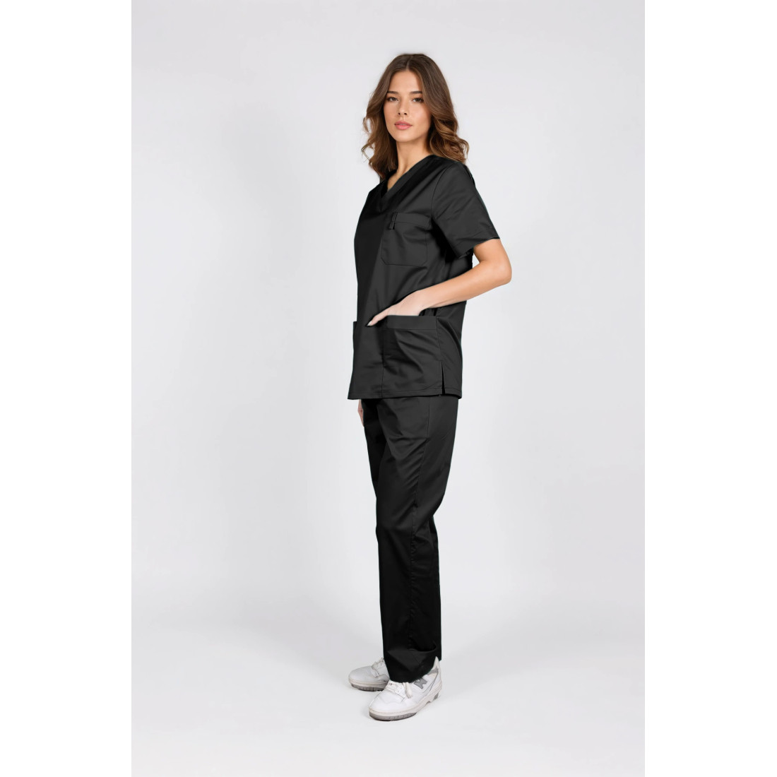 V-Neck Unisex Solid Scrub Top Ultra Flex Soft Touch Unity Women-Side Black