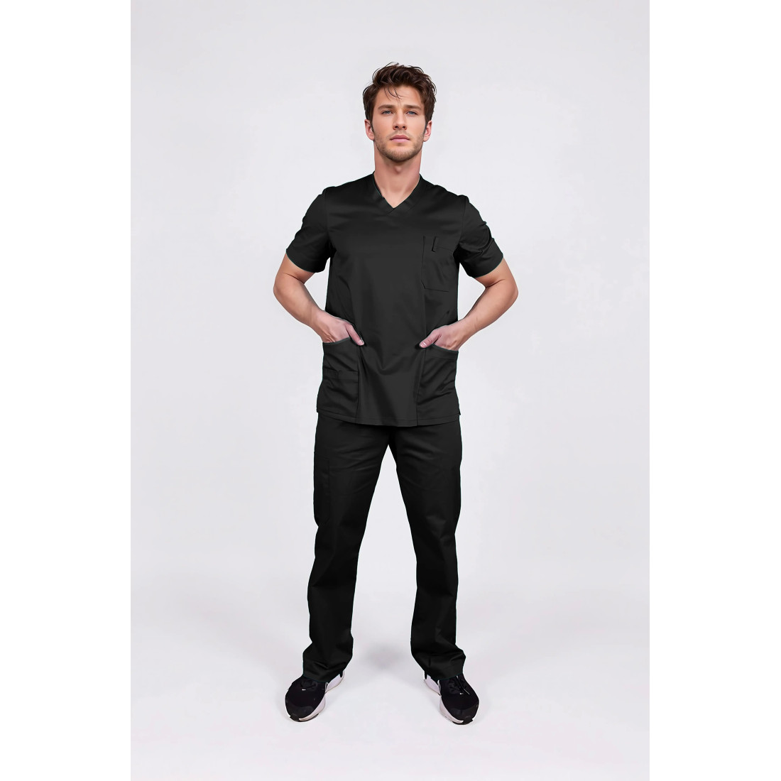 V-Neck Unisex Solid Scrub Top Ultra Flex Soft Touch Unity Men-Front Black