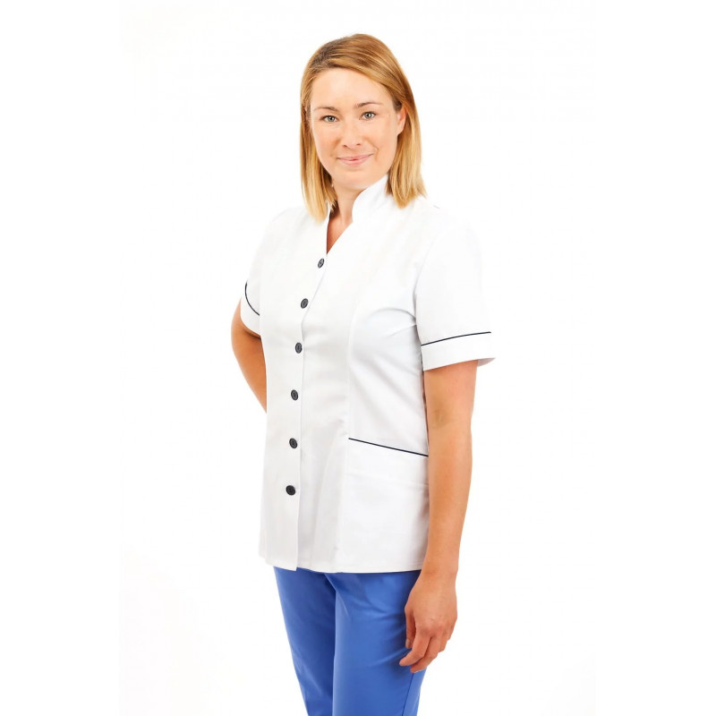 White - Nurses Top Mandarin Collar cut away front T09 T09