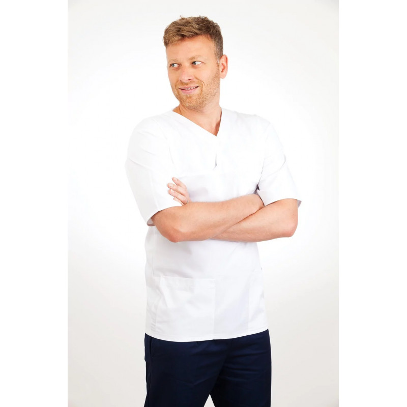 V Neck Classic Male Nursing Uniform - white -  T21