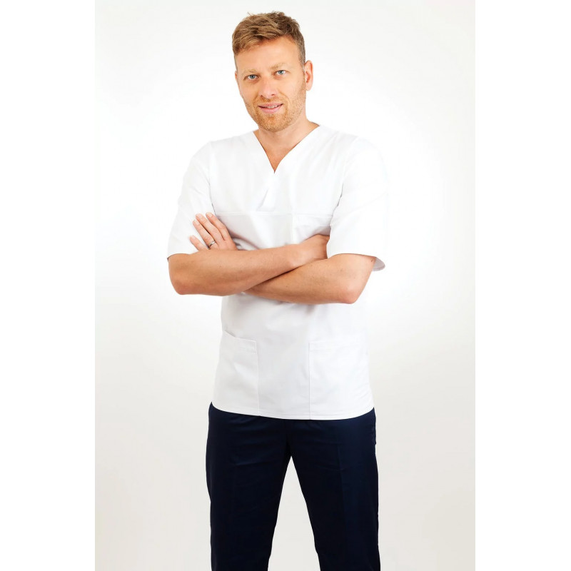 V Neck Classic Male Nursing Uniform - white -  T21