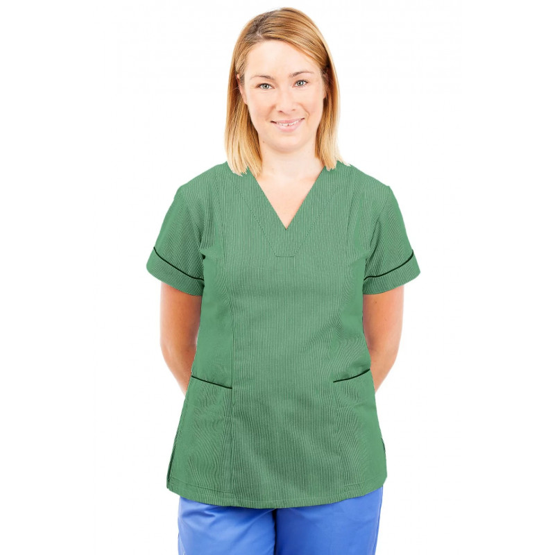 T05 Nursing Uniforms Fitted Scrub V Neck Pinstripe Aqua and Green T05-PAQ