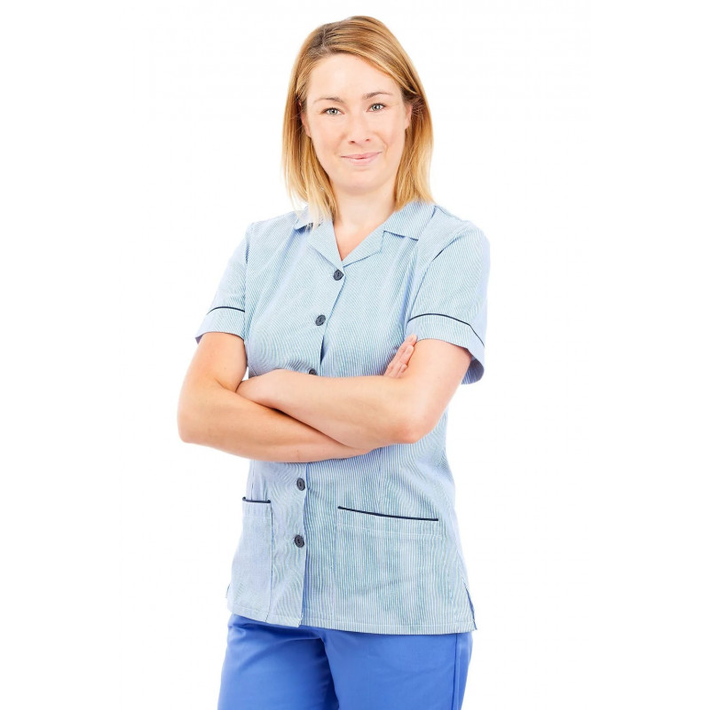 T01 Light Blue Pinstripe - Nurses Uniform Tunic Revere Collar T01