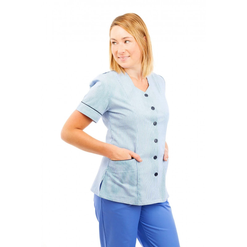 T03 Light Blue Pinstripe - Nurses Tunic Sweetheart Neckline T03