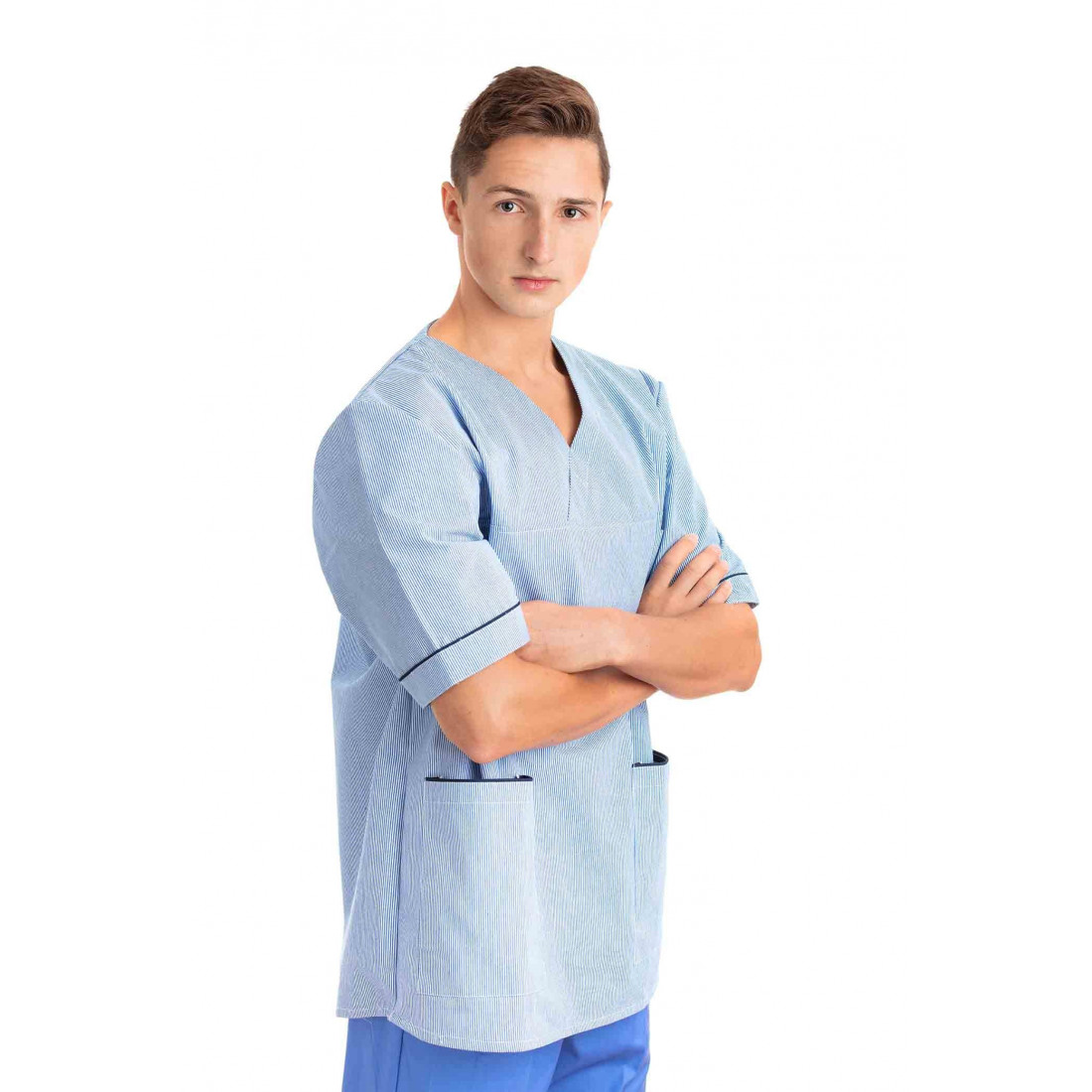 Healthcare Uniform Top V Neck Male Light Blue Pinstripe